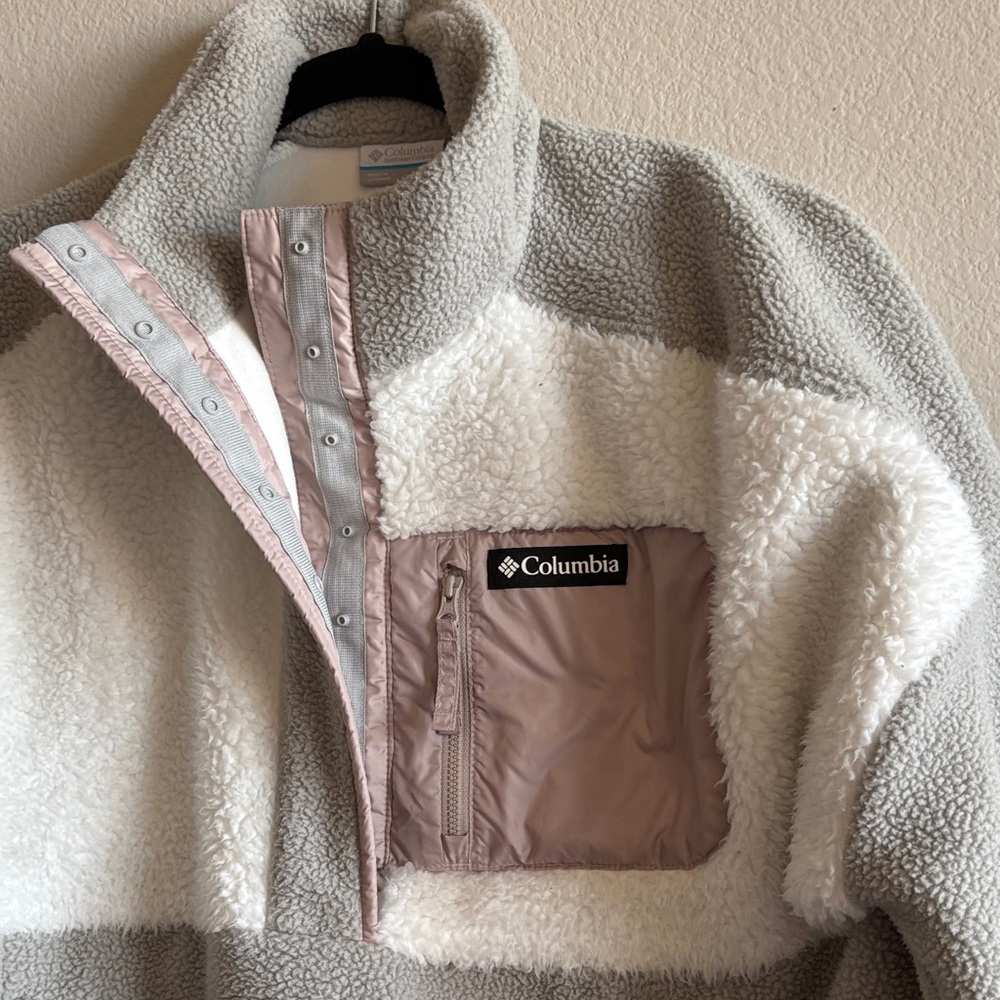 Columbia Lodge™ Sherpa Half Snap Fleece Pullover Gray/White Pockets Size L - Picture 3 of 9
